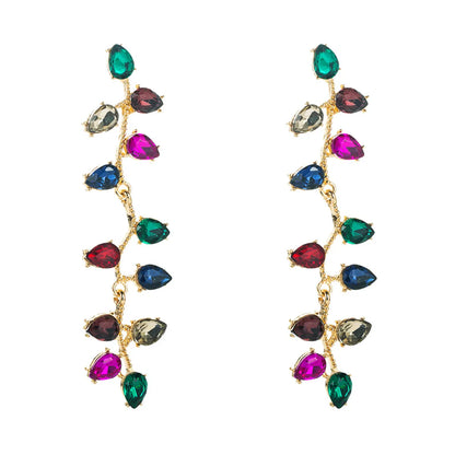 Fashion Color Diamond Alloy Diamond Drop-shaped Glass Diamond Long Leaf Flower Fashion Earrings Wholesale