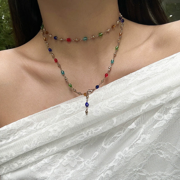 Fashion Color Oil Drop Pendant Stacked Long Necklace Copper Metal Chain With Rhinestone Geometric Pattern Electroplating Process Women's
