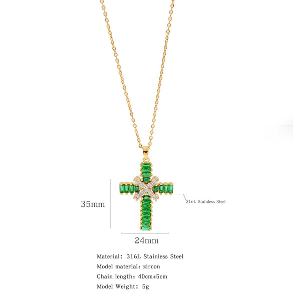 Fashion Color Zircon Unisex Cross Stainless Steel Ochain Necklace With Electroplating Jewelry Pendant