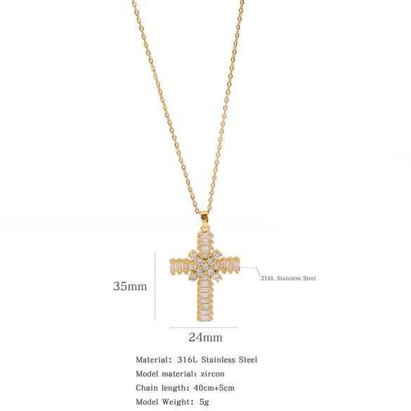 Fashion Color Zircon Unisex Cross Stainless Steel Ochain Necklace With Electroplating Jewelry Pendant