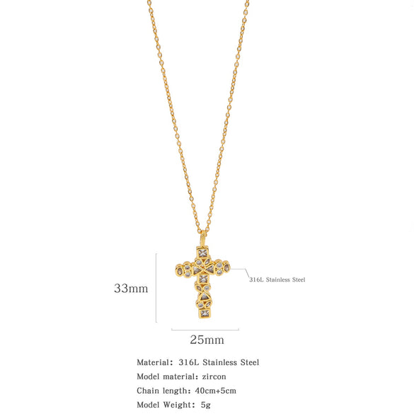 Fashion Color Zircon Unisex Cross Stainless Steel Ochain Necklace With Electroplating Jewelry Pendant