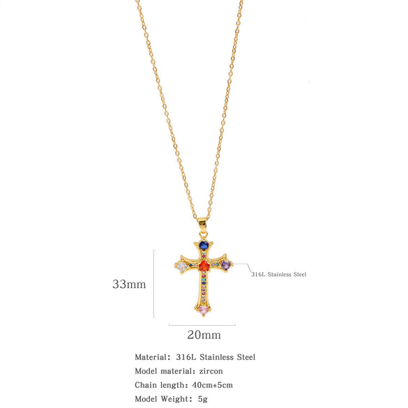 Fashion Color Zircon Unisex Cross Stainless Steel Ochain Necklace With Electroplating Jewelry Pendant