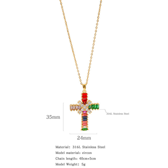 Fashion Color Zircon Unisex Cross Stainless Steel Ochain Necklace With Electroplating Jewelry Pendant