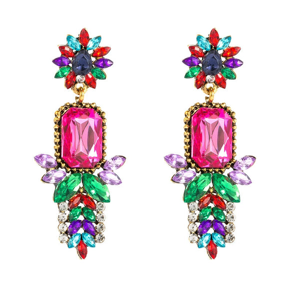 Fashion Colored Diamond Flower Alloy Earrings For Women Simple Style Exaggerated Sparkling Ear Jewelry