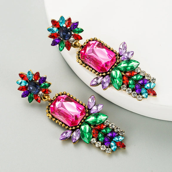 Fashion Colored Diamond Flower Alloy Earrings For Women Simple Style Exaggerated Sparkling Ear Jewelry