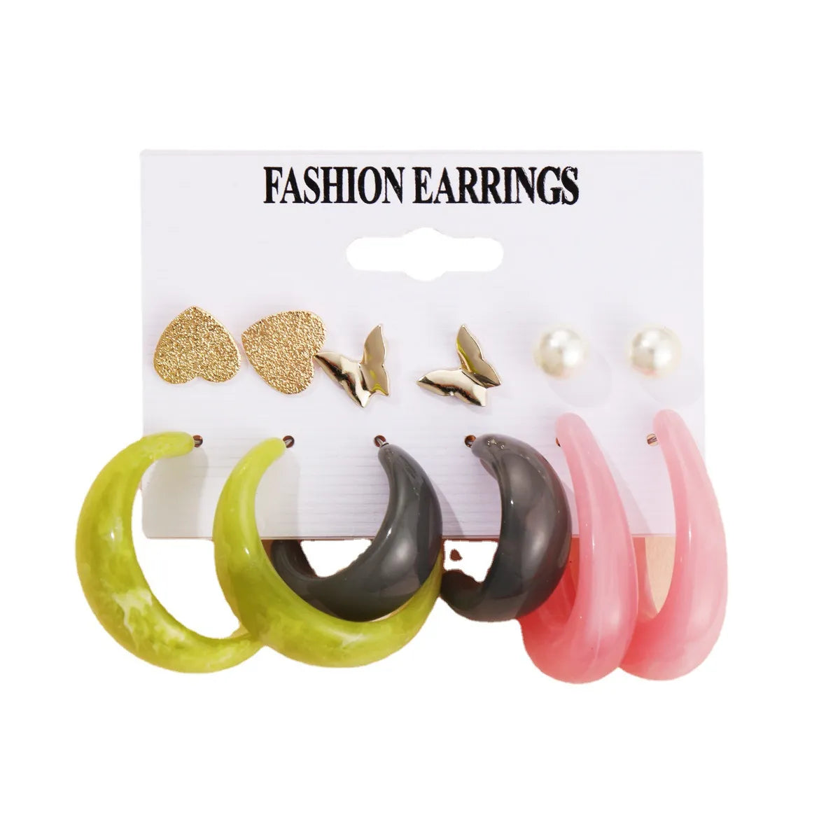 Fashion Colorful Circle Ear Hook Butterfly Heart Pearl Stud Earrings 6 Pieces Set