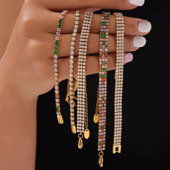 Fashion Colorful Full Diamond Women's Microinlaid Claw Grasp Zircon Geometric Light Luxury Titanium Steel Goldplated Bracelet