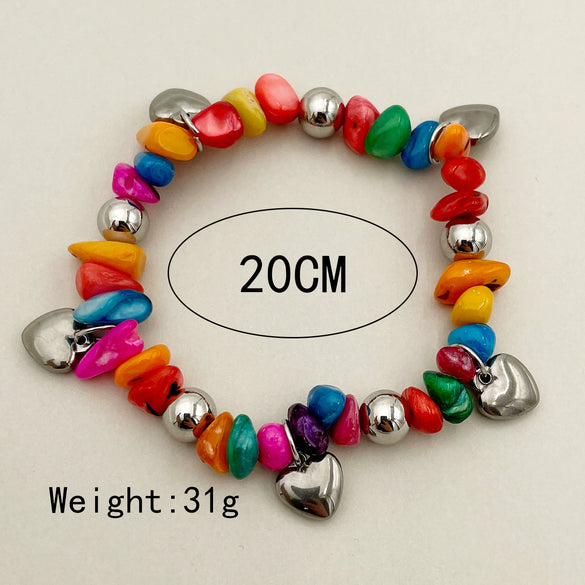 Fashion Colorful Natural Stone And Stainless Steel Ball Elastic Rope Bracelet With Irregular Gravel And Electroplating Treatment