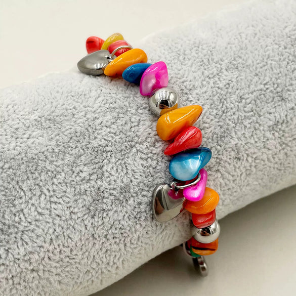 Fashion Colorful Natural Stone And Stainless Steel Ball Elastic Rope Bracelet With Irregular Gravel And Electroplating Treatment