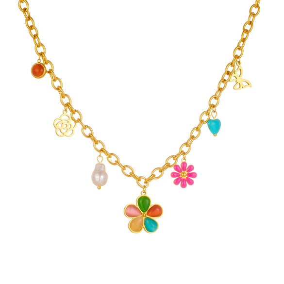 Fashion Colorful Resin Petals Daisy Hollow Butterfly Pearl Love Accessories Stainless Steel Necklace With Electroplating
