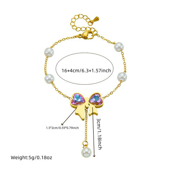 Fashion Colorful Rhinestone Bow Pearl Chain Stainless Steel Tassel Pendant Necklace Bracelet With Butterfly Dragonfly Insect Pattern Gold Plated