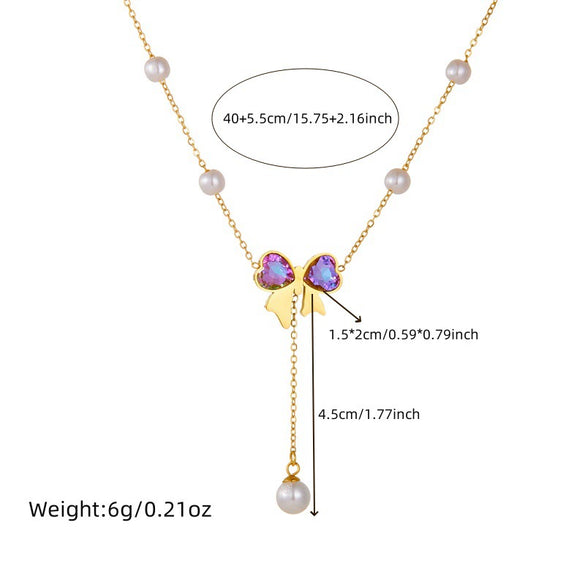 Fashion Colorful Rhinestone Bow Pearl Chain Stainless Steel Tassel Pendant Necklace Bracelet With Butterfly Dragonfly Insect Pattern Gold Plated