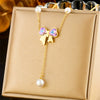 Fashion Colorful Rhinestone Bow Pearl Chain Stainless Steel Tassel Pendant Necklace Bracelet With Butterfly Dragonfly Insect Pattern Gold Plated