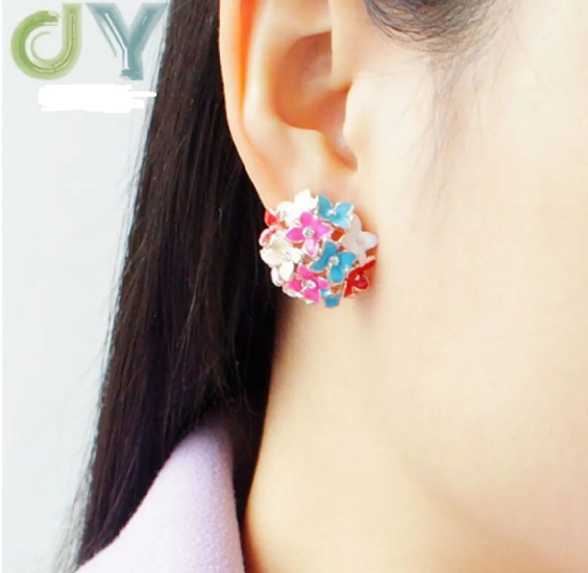 Fashion Colorful Round Hydrangea Drop Oil Diamond Flower Alloy Ear Clip