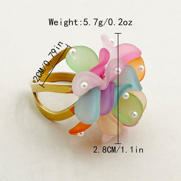 Fashion Commuter Personality Trend Stainless Steel Electroplated Pearl Color Flower Open Ring For Women Geometric Design