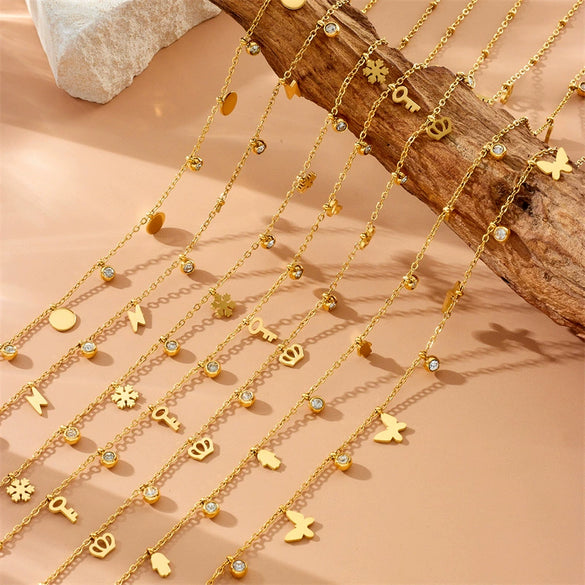 Fashion Commuter Simple Gold Plated Stainless Steel Pendant Necklace With Butterfly Disc Lightning Crown And Eye Accessories Electroplating Treatment