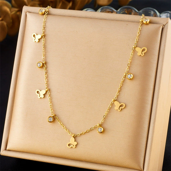 Fashion Commuter Simple Gold Plated Stainless Steel Pendant Necklace With Butterfly Disc Lightning Crown Eye Accessories In Heart Shape With Electroplating