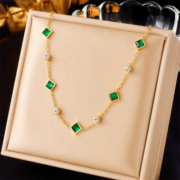Fashion Commuter Simple Temperament Green Diamond Stainless Steel Jewelry Electroplated Necklace Bracelet