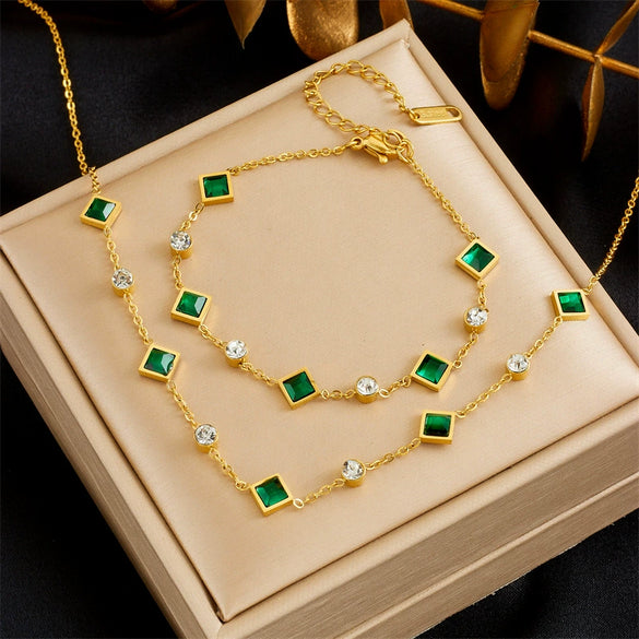 Fashion Commuter Simple Temperament Green Diamond Stainless Steel Jewelry Electroplated Necklace Bracelet