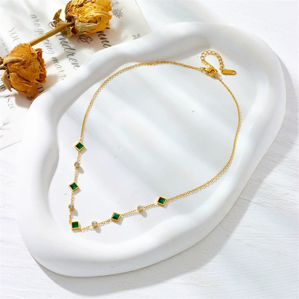 Fashion Commuter Simple Temperament Green Diamond Stainless Steel Jewelry Electroplated Necklace Bracelet