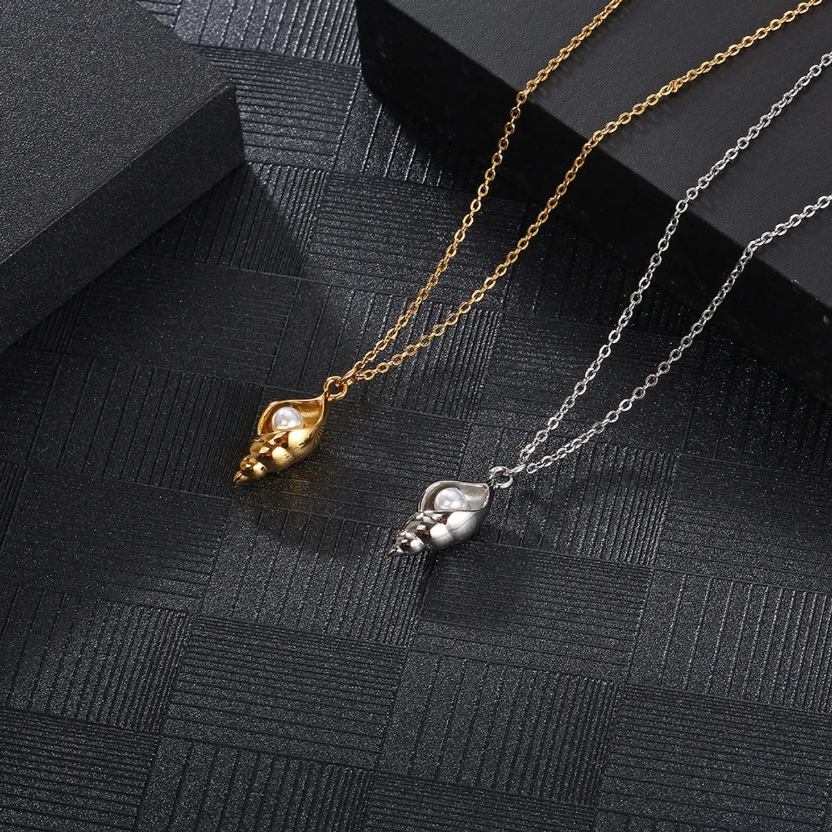 Fashion Conch Titanium Steel Pendant Necklace Plating Pearl Stainless Steel Necklaces