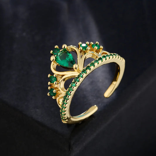 Fashion Copper 18k Gold Micro-Set Zircon Crown Heart Emerald Geometric Open Ring