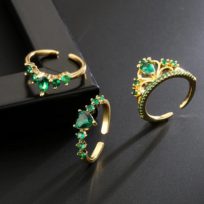 Fashion Copper 18k Gold Micro-Set Zircon Crown Heart Emerald Geometric Open Ring