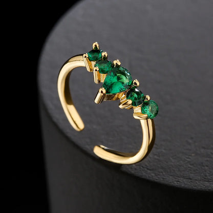 Fashion Copper 18k Gold Micro-Set Zircon Crown Heart Emerald Geometric Open Ring