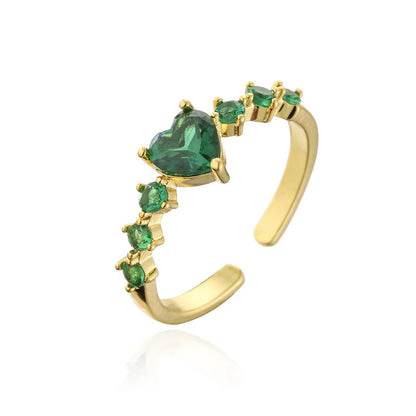 Fashion Copper 18k Gold Micro-Set Zircon Crown Heart Emerald Geometric Open Ring