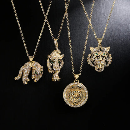 Fashion Copper 18k Gold Plating Zircon Animal Necklace Tiger Leopard Lion Pendant