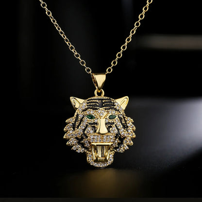 Fashion Copper 18k Gold Plating Zircon Animal Necklace Tiger Leopard Lion Pendant