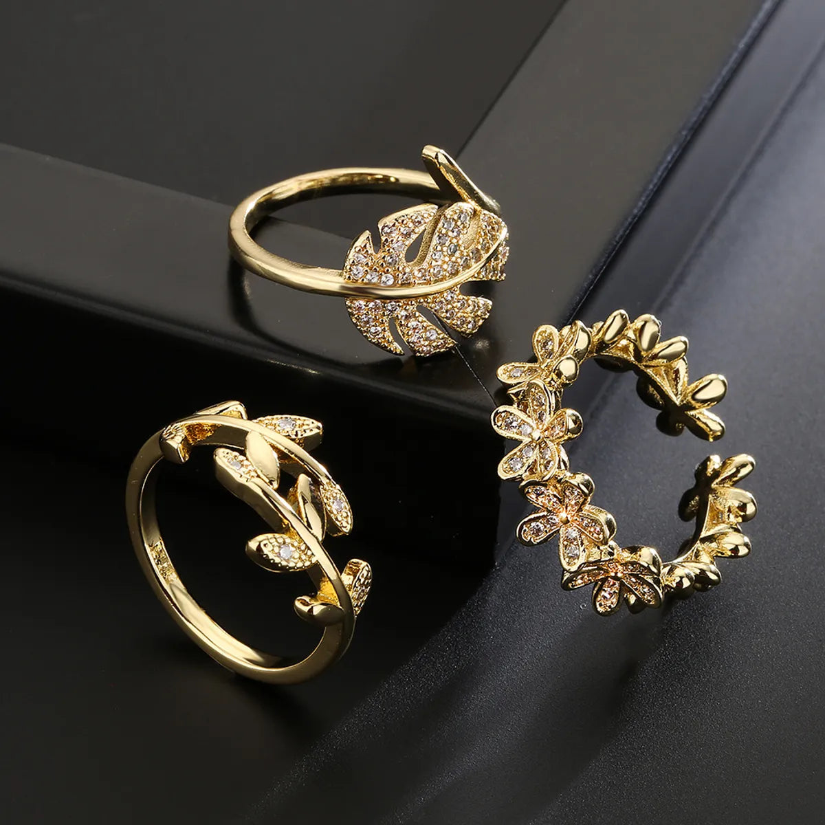 Fashion Copper 18k Gold Zircon Leaf Geometric Shape Open Ring Female