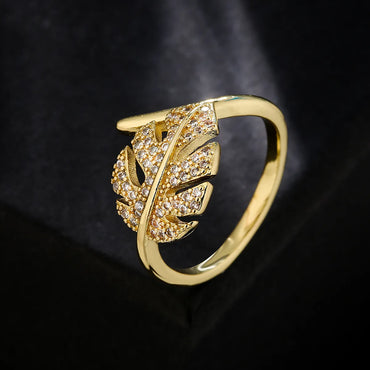 Fashion Copper 18k Gold Zircon Leaf Geometric Shape Open Ring Female