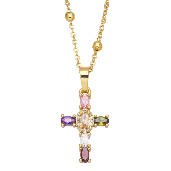 Fashion Copper Cross Pendant Necklace With Micro Inlaid Zircon Ball Chain Simple All Match Jewelry For Women
