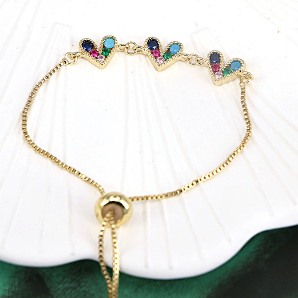 Fashion Copper Electroplated Micro Pave Colorful Zircon Heart Shaped Bracelet Simple Adjustable Geometric Hand Accessory For Women