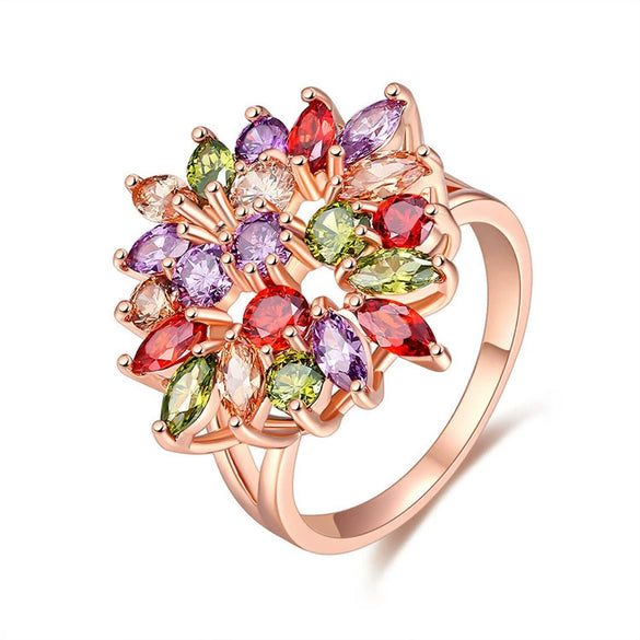Fashion Copper Flower Zircon Ring For Women Shiny Floral Design Set With Zircon Wholesale Jewelry