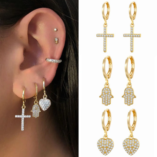 Fashion Copper Gold-plated Inlaid Zircon Heart Cross Palm Pendant Earrings