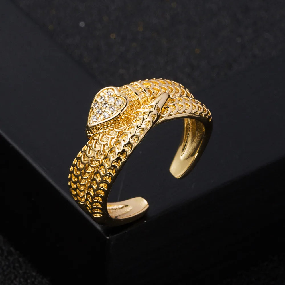 Fashion Copper Gold-Plated Micro-Set Zircon Hip-Hop Snake Open Ring Female