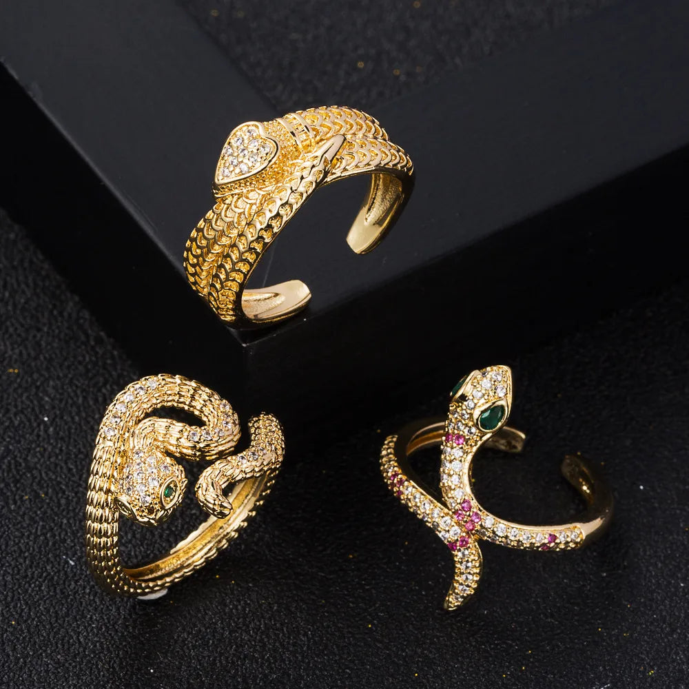 Fashion Copper Gold-Plated Micro-Set Zircon Hip-Hop Snake Open Ring Female