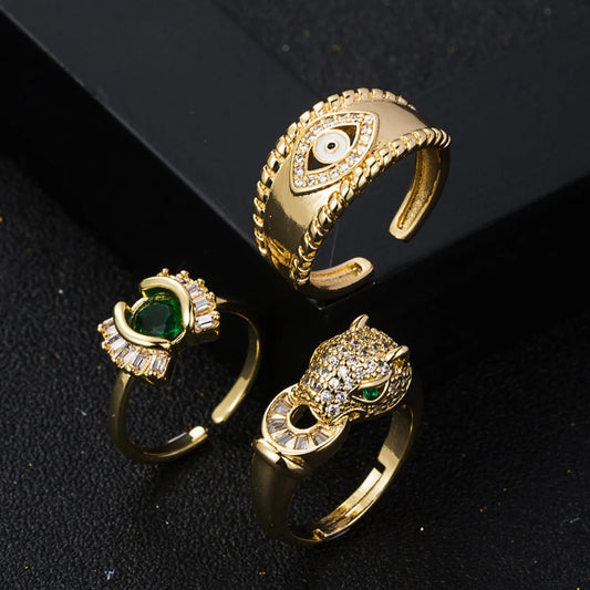 Fashion Copper Gold-plated Micro-set Zircon Leopard Head Geometric Ring