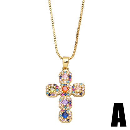 Fashion Copper Inlaid Colored Zircon Cross Pendant Necklace Jewelry