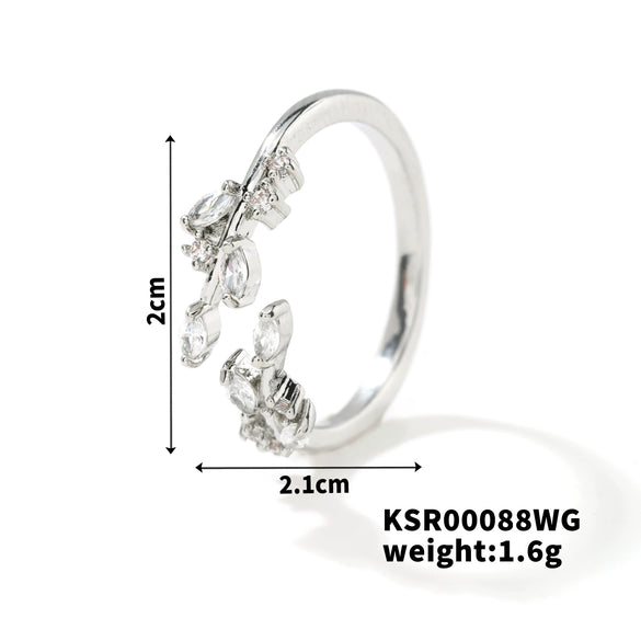 Fashion Copper Leaf Open Ring Adjustable Electroplated Natural Plant Style Ring For Women And Couples