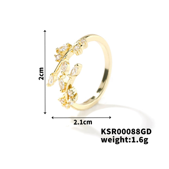 Fashion Copper Leaf Open Ring Adjustable Electroplated Natural Plant Style Ring For Women And Couples