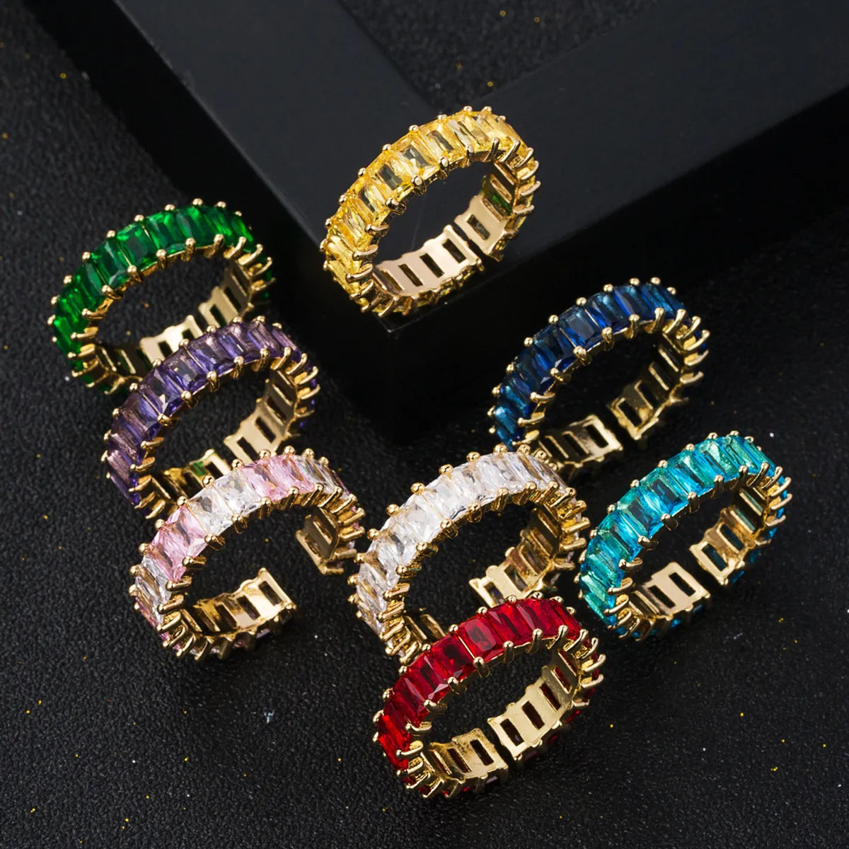 Fashion Copper Micro-encrusted Seven-color Zircon Geometric Rainbow Ring