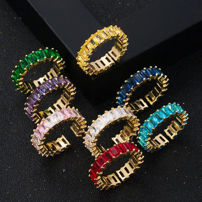 Fashion Copper Micro-encrusted Seven-color Zircon Geometric Rainbow Ring