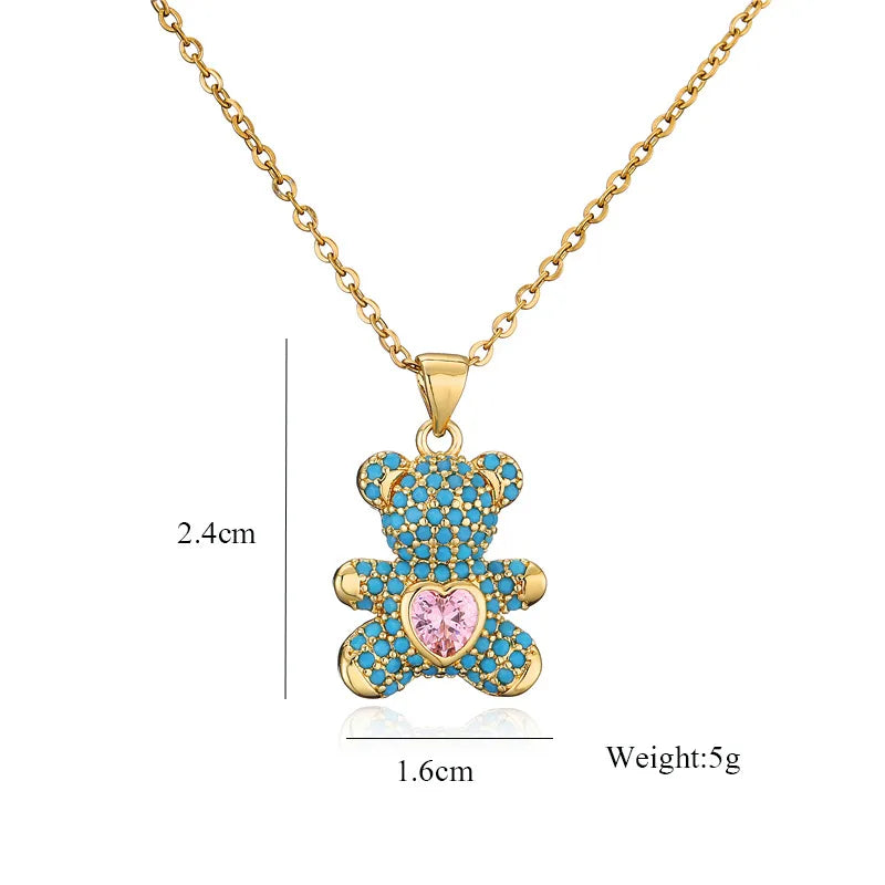 Fashion Copper Micro-Inlaid Color Zirconium Turquoise Heart Bear Pendant Necklace