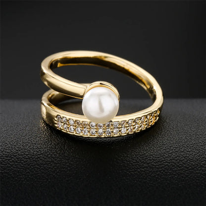 Fashion Copper Micro-set Zircon Plated 18k Gold Pearl Geometric Open Ring