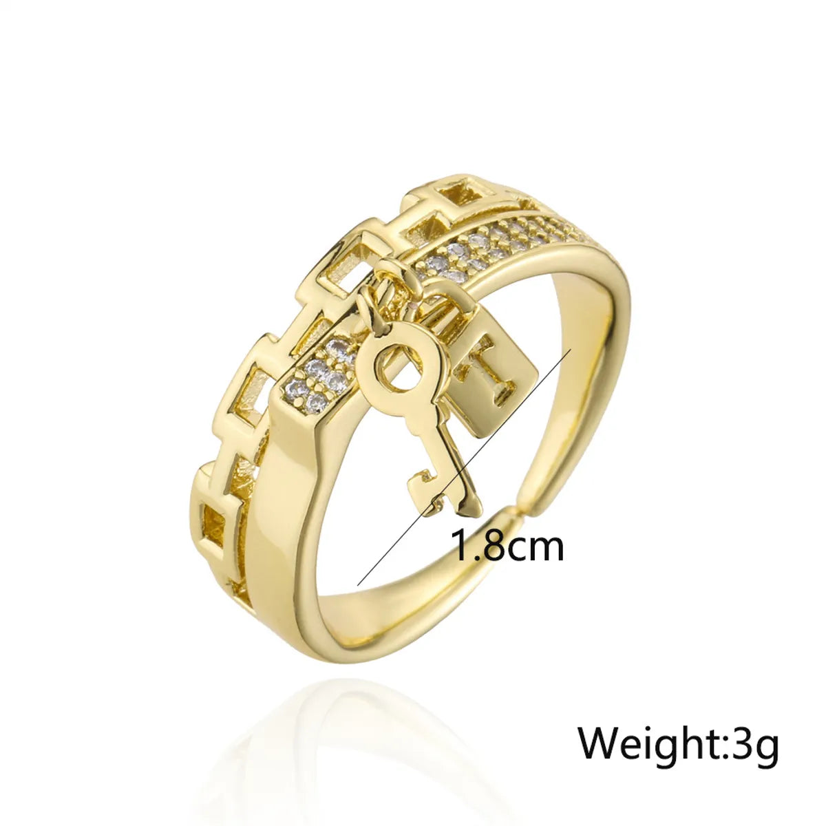 Fashion Copper Plated 18k Gold Chain Key Lock Geometric Open Ring Female