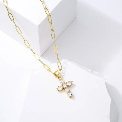 Fashion Copper Plating 18k Gold Zircon Cross Pendant Necklace Female