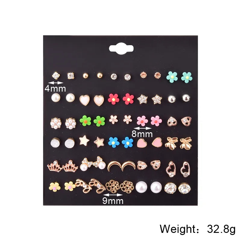 Fashion Creative 30 Pairs Color Flower Rhinestone Resin Geometric Earrings Set